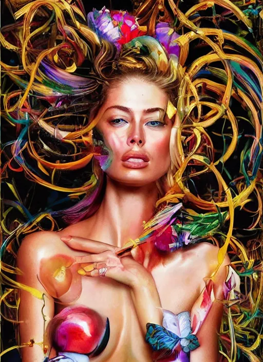 Image similar to beautiful painting of doutzen kroes, contemporary, colorful acrylic, airbrush painting, realistic portrait by kehinde wiley and archan nair [ hyperrealism ]!!!!!!!