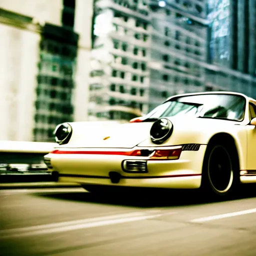 Image similar to photo of a porsche 9 1 1 9 6 4 speeding through nyc, cinematic, motion blur, shallow dof, 3 5 mm, heli shot, macro