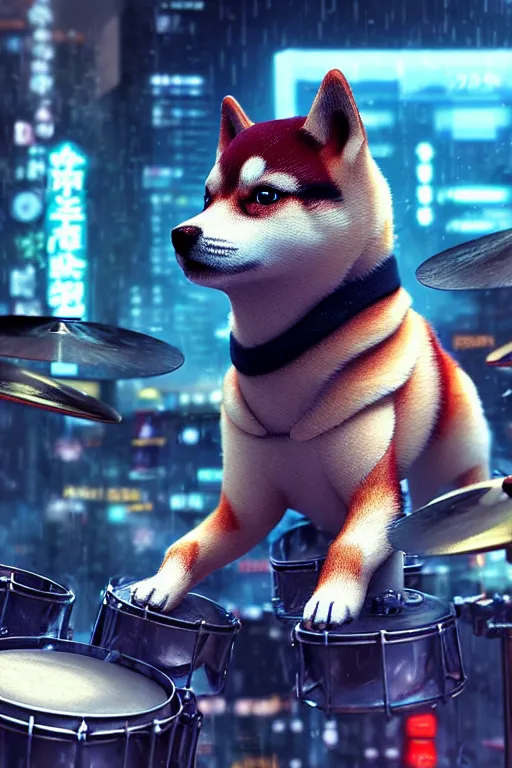 Image similar to high quality 3 d render very cute cyborg shiba inu plays drums, cyberpunk highly detailed, unreal engine cinematic smooth, in the style of blade runner & pixar, hannah yata charlie immer, moody light, low angle, uhd 8 k, sharp focus