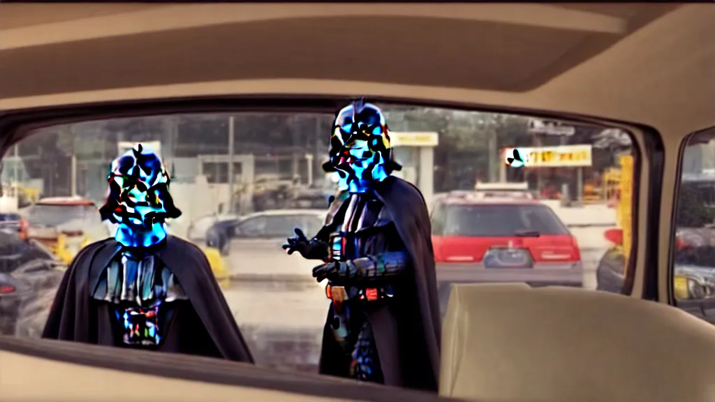 Prompt: Darth Vader at Mcdonalds Drive through, film still from the movie directed by Denis Villeneuve with art direction by Salvador Dalí, wide lens