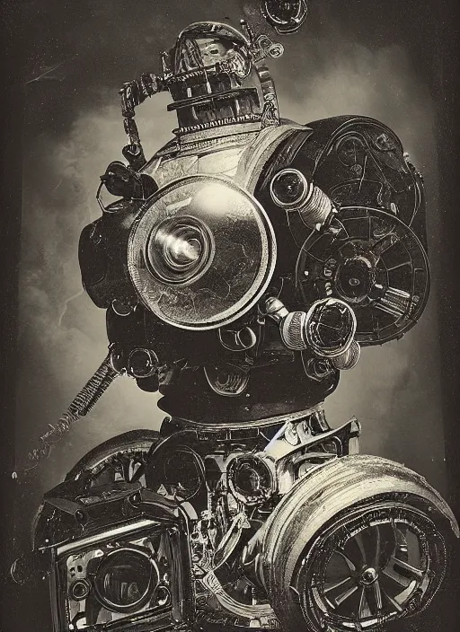 Prompt: old wetplate daguerreotype portrait of futuristi robot, dubbel exposuree, explosion of data fragments, fractal, intricate, elegant, highly detailed, parallax, leica, medium format, subsurface scattering, by jheronimus bosch and greg rutkowski and louis jacques mande daguerre