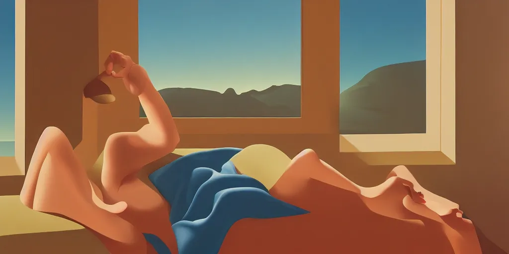 Image similar to sad girl on the bed, looking outside, summer evening, kenton nelson