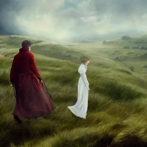 Image similar to The ghosts of Cathy and Heathcliff wander the moors of Wuthering Heights, painting, ultra detailed, 4k