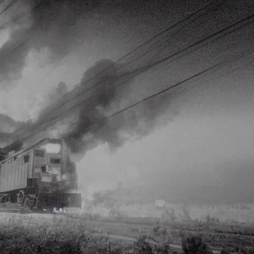 Prompt: Old boxcar train on the railroad, fire in the background, atmospheric and depressed, post-apocalyptic, Cinematic, film still from a horror movie