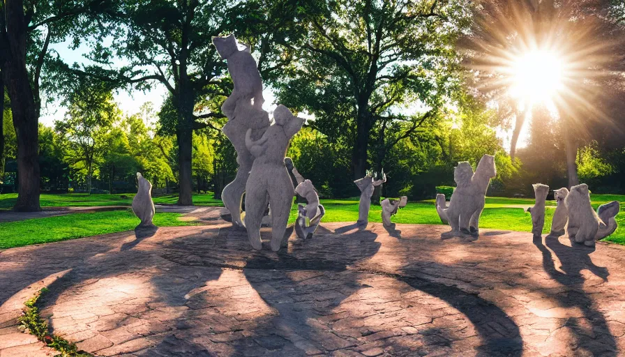 Image similar to A park full of trees and flowers with statue cats forming a circle ,god rays, incredible lighting, 4k photography award winning,