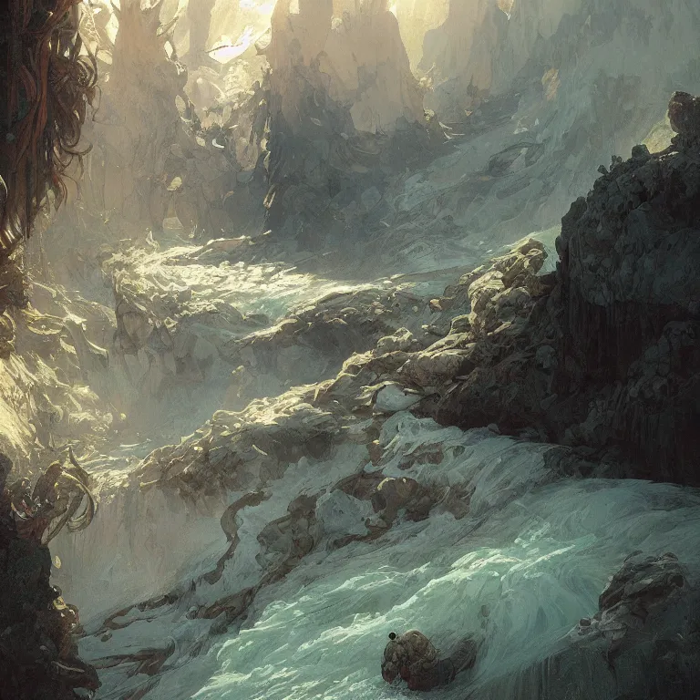 Image similar to a beautiful painting of the view from the whitewater river of caverns measureless to man down to a sunless sea, intricate, elegant, highly detailed, digital painting, artstation, concept art, by krenz cushart and artem demura and alphonse mucha