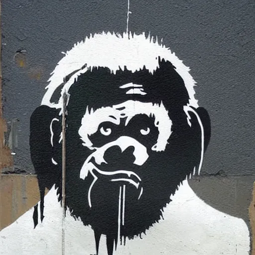 Prompt: ape painting a picture made by banksy