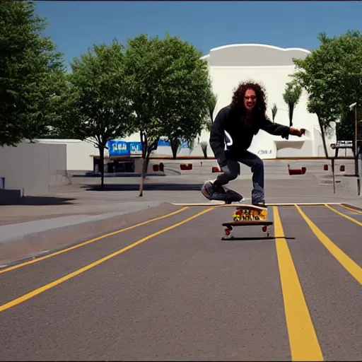 Image similar to kenny g skateboarding in a burger king parking lot, epic, cinematic, realism, ultra detailed, 8 k