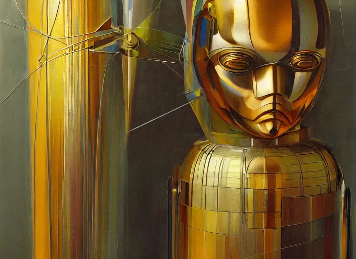 Image similar to a portrait headshot of sci fi metallic human, bright eyes, melancholic complex geometric figure liminal machinery by oskar schlemmer, moebius, john berkey, film grain, oil on canvas, portrait facial head, featured on artstation, hd wallpaper, 8 k