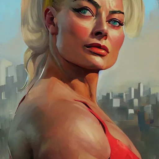 Image similar to greg manchess portrait of margot robbie as thick female bodybuilder zarya from overwatch in disco elysium, 6 7 4, epic grimdark, fantasy, medium shot, asymmetrical, profile picture, organic painting, sunny day, matte painting, bold shapes, hard edges, street art, trending on artstation, by huang guangjian and gil elvgren and sachin teng