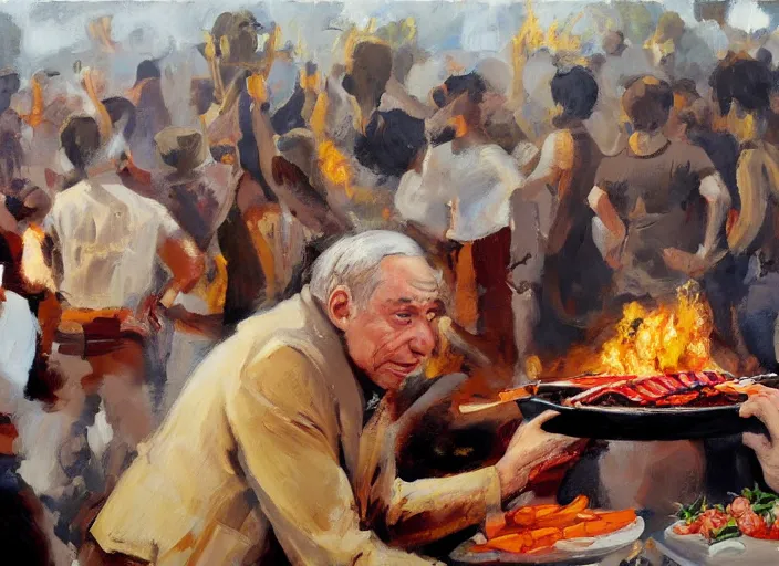 Image similar to a highly detailed beautiful portrait of a bibi nethanyahu protesting against eating animals while people doing bbq, by gregory manchess, james gurney, james jean