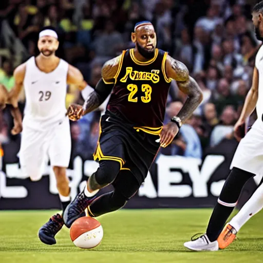 Image similar to Lebron james playing Soccer,8k,