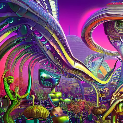 Image similar to alien panoramic village city rave hyper realism octane render airbush art nouveau intricate details by arthur adams, alex grey, lisa frank, syd mead, victo nagi