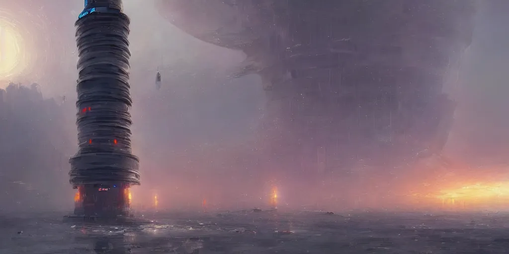 Image similar to concept art of a lone towering sci - fi lighthouse at the waterfront of a busy city, grimy, gritty, blade runner 2 0 4 9, trending on artstation, award winning painting, cgi, art by john berkey and anton fadeev and john howe and simon stalenhag