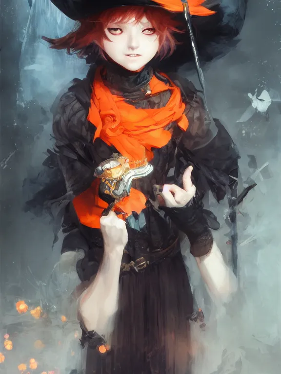 Prompt: Portrait of a cute mischievous young witch about to get up to some trouble. Black and Orange palette. By Ruan Jia and Artgerm and Range Murata and WLOP and CLAMP. Key Art. Fantasy Illustration. award winning, Artstation, intricate details, realistic, Hyperdetailed, 8k resolution.