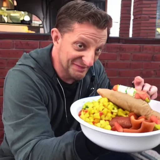 Image similar to Tim Robinson eating a hotdog bowl, like a burrito bowl but with little bits of chopped up hotdog in it