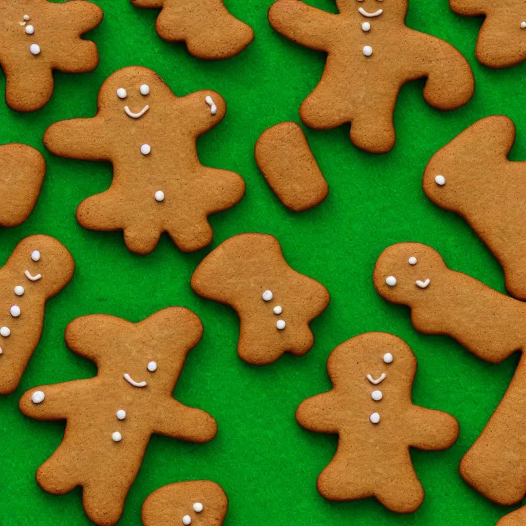 Image similar to top-down view of a cute gingerbread man on top of a green surface, 8k, high detail, photorealistic, proper shading