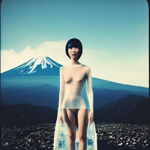 Image similar to a instax photo of fuji mountain, a tall japanese girl in a transparent sheer fabric dress against the background of fuji mountain, perfect faces, fine details, severe snow, full body shot, perfect symmetrical body, coherent symmetrical eyes, rule of thirds, by peter kemp, by monia merlo, hyperrealistic, hyperdetailed, octane render, 8 k