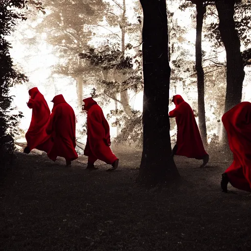 Image similar to A group of red robed cultist circling a bonfire at night. There robes has cultist markings on them. Dark, dreary, otherworldly, cinematic lighting, Nano.