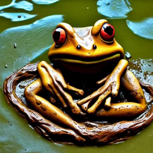 Prompt: beatiful clay sculpture of a muddy frog in a swamp