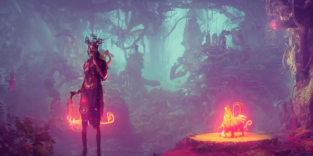 Prompt: 3 d scene of temple portal modelling goddess close - woodsman wearing a steampunk and neonpunk mechanical fluorescent mystical animal mask in strange misty mountain landscape. betta fish, jellyfish phoenix, bio luminescent, plasma, ice, water, wind, creature, artwork by tooth wu and wlop and beeple and greg rutkowski