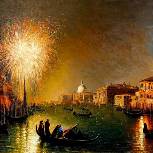 Image similar to an oil painting of couple kissing, in a background fireworks in venice