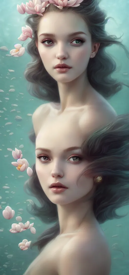 Image similar to character art of a goddess of magnolias as windy dusty underwater angelic young female | | seductive - fine - face, pretty face, key visual, realistic shaded perfect face, fine details by artgerm, wlop, tom bagshaw, james jean, andrei riabovitchev, marc simonetti, trending on artstation