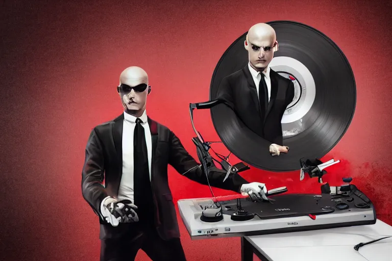 Image similar to an expressive portrait of agent 4 7 from hitman wearing headphones and putting a vinyl record onto a turntable, dark background, red rim light, digita, l