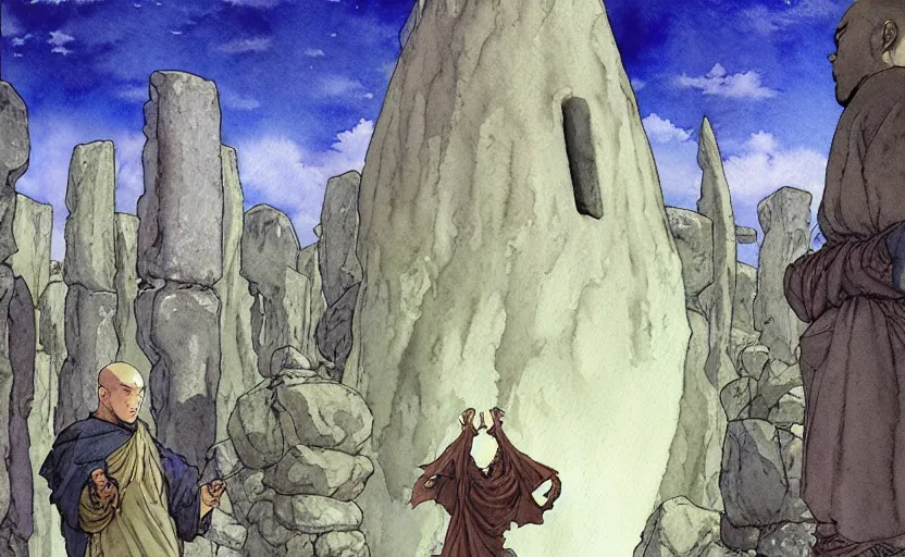 Image similar to a realistic anime watercolor fantasy concept art of a giant monk with a big forehead in grey robes partying in stonehenge. an immense stone is floating in the air. by rebecca guay, michael kaluta, charles vess