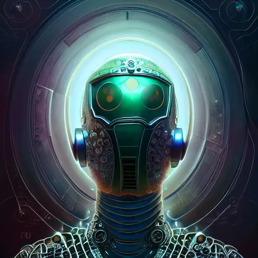 Prompt: low angle shot of a cyberpunk radiolarian gazmask robot character, intricate, elegant, highly detailed, centered, digital painting, artstation, concept art, smooth, sharp focus, illustration, artgerm, Tomasz Alen Kopera, Peter Mohrbacher, donato giancola, Joseph Christian Leyendecker, WLOP, Boris Vallejo