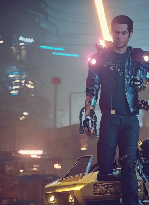 Image similar to film still of Dylan O'Brien as Kerry Eurodyne in Cyberpunk 2077, gameplay, 8k, HD
