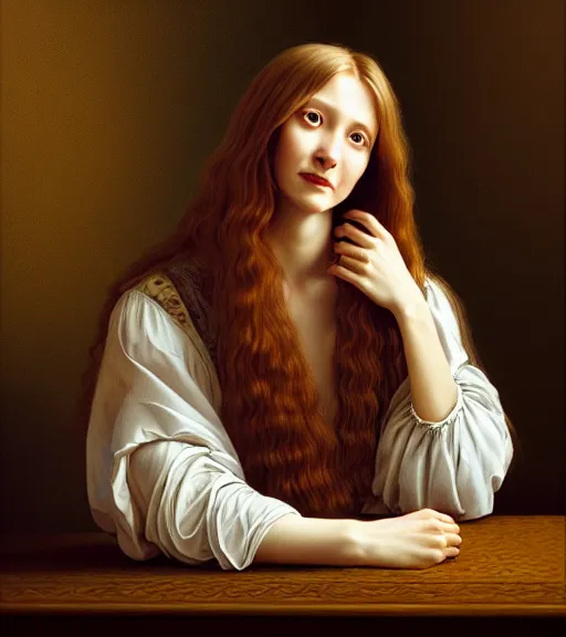 Image similar to portrait of a long - haired woman happily gloating sitting upon a table with heightened detail, poised, intense emotion, detailed facial expression, detailed surroundings, intricate, elegant, highly detailed, centered, digital painting, artstation, concept art, smooth, sharp focus, illustration, by ( leonardo da vinci ), wlop