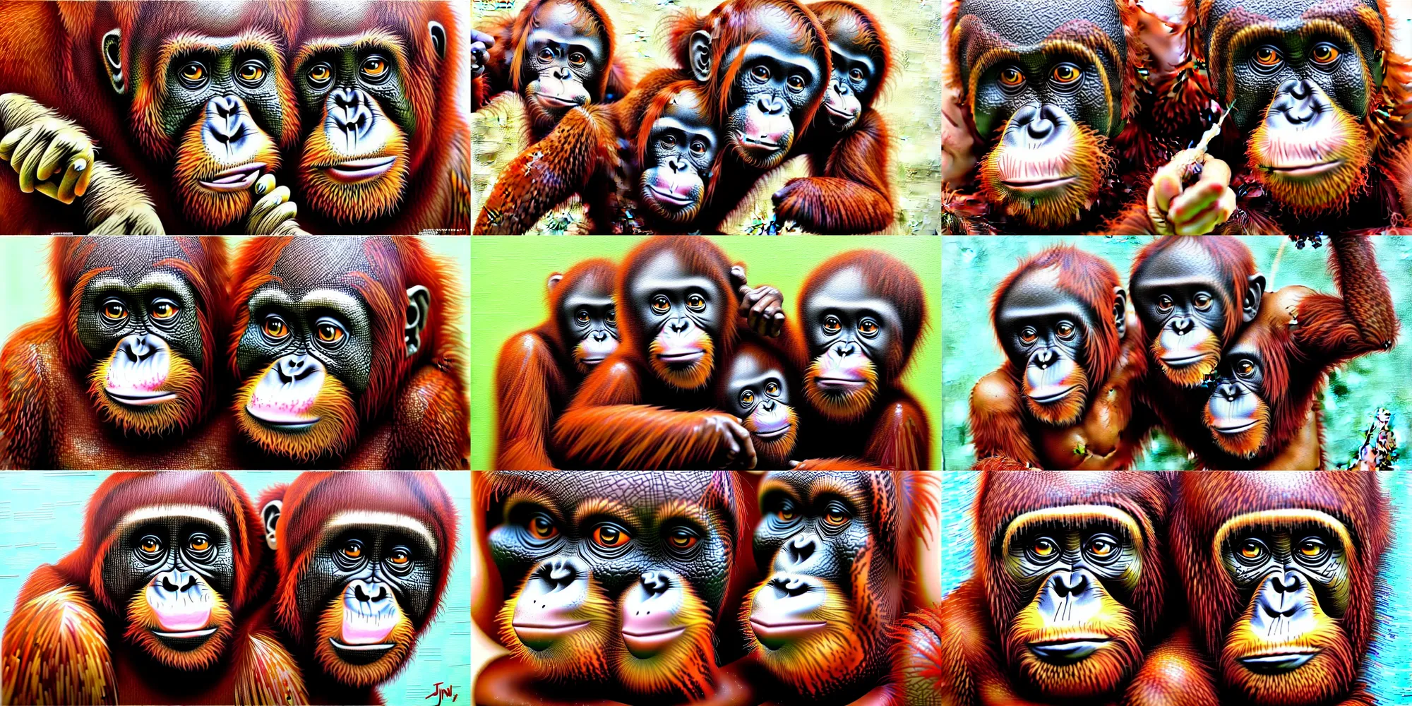 Prompt: graffiti art of baby orangutan painting jin yong highly detailed, hyper realistic