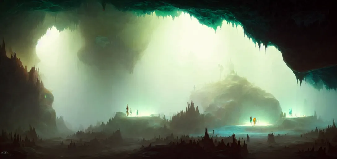 Prompt: wide angle of natural cave, darkness, some bulb lights, dynamic light, mist!!, by peter mohrbacher and josan gonzales