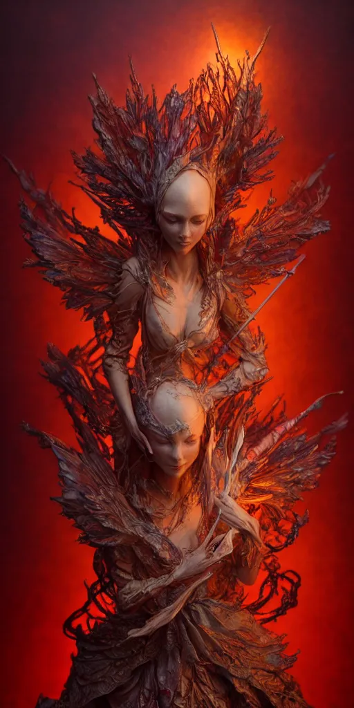 Image similar to A beautiful detailed 3d tarot card figure by ellen jewett, tomasz alen kopera and Justin Gerard red torn fabric, radiant colors, fantasy, trending on artstation, volumetric lighting, micro details, 3d sculpture, ray tracing, 8k