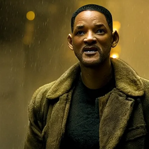 Prompt: a still from blade runner 2 0 4 7 with will smith as the main characer