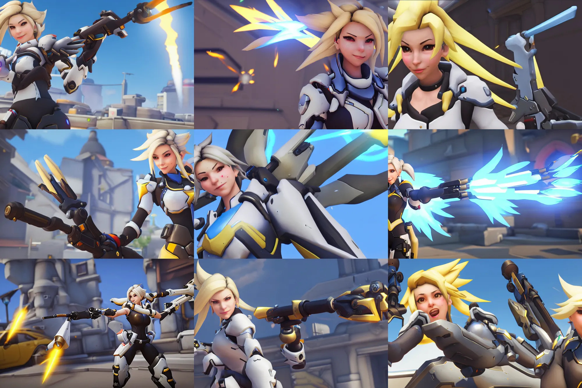 Prompt: Mercy from Overwatch, angry, with a Rocket Launcher, in game screenshot, in game engine, HD