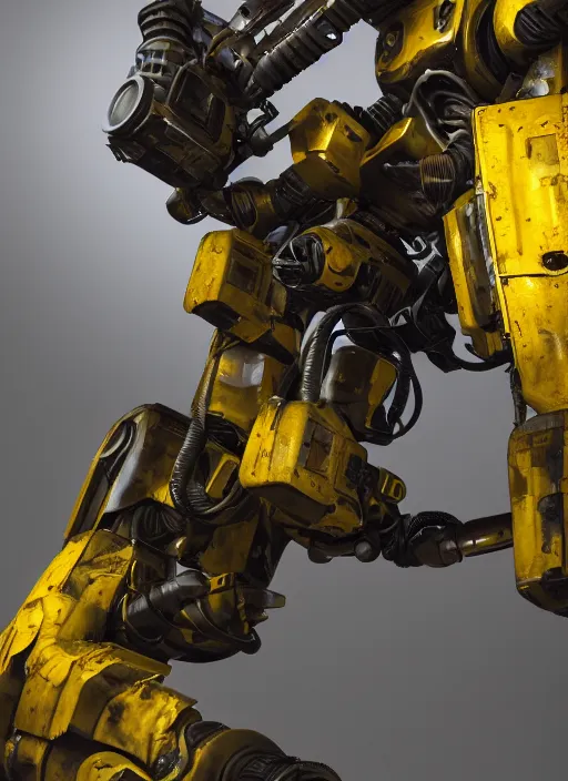 Image similar to a photorealistic dramatic hyperrealistic render of a futuristic exosuit power loader heavy machinery, ultra realistic details, glossy yellow, well worn, rust, oil stains by vitaly bulgarov and mike nash, beautiful dramatic dark moody tones and lighting, cinematic atmosphere, studio lighting, global illumination, shadows, dark background, octane render, 8 k