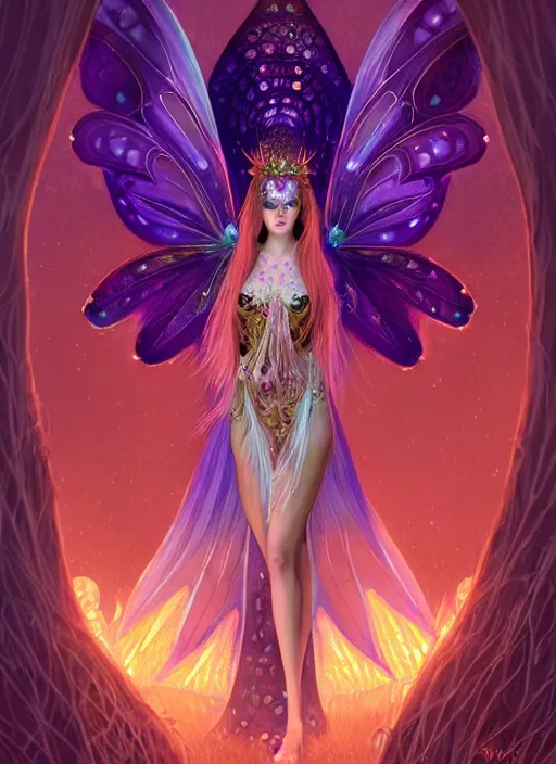 Image similar to stunningly beautiful female faerie priestess in amanita muscaria forest landscape, symmetrical wings on back, neon hair, fantasy art, wearing a dress of gossamer gold, inner glow, dark light night, face by otto schmidt, sharp focus, digital painting, 4 k, concept art, art by greg rutkowski and alphonse mucha, brom,