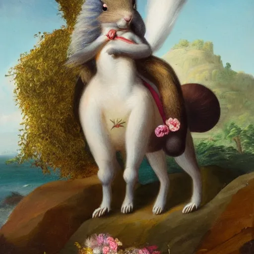 Image similar to a giant fluffy squirrel carrying napoleon bonaparte on its back, beach scene, flowers and foliage, detailed oil painting