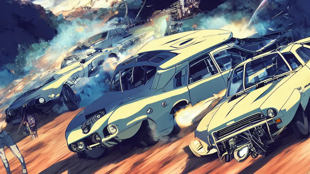 Image similar to anime illustration of mad max's fj 4 0 pursuit special, the last v 8 interceptor driving down to the gates of valhalla highway, riding fury road eternal shiny and chrome, world of fire and blood, by makoto shinkai, ilya kuvshinov, lois van baarle, rossdraws, basquiat, global illumination ray tracing hdr