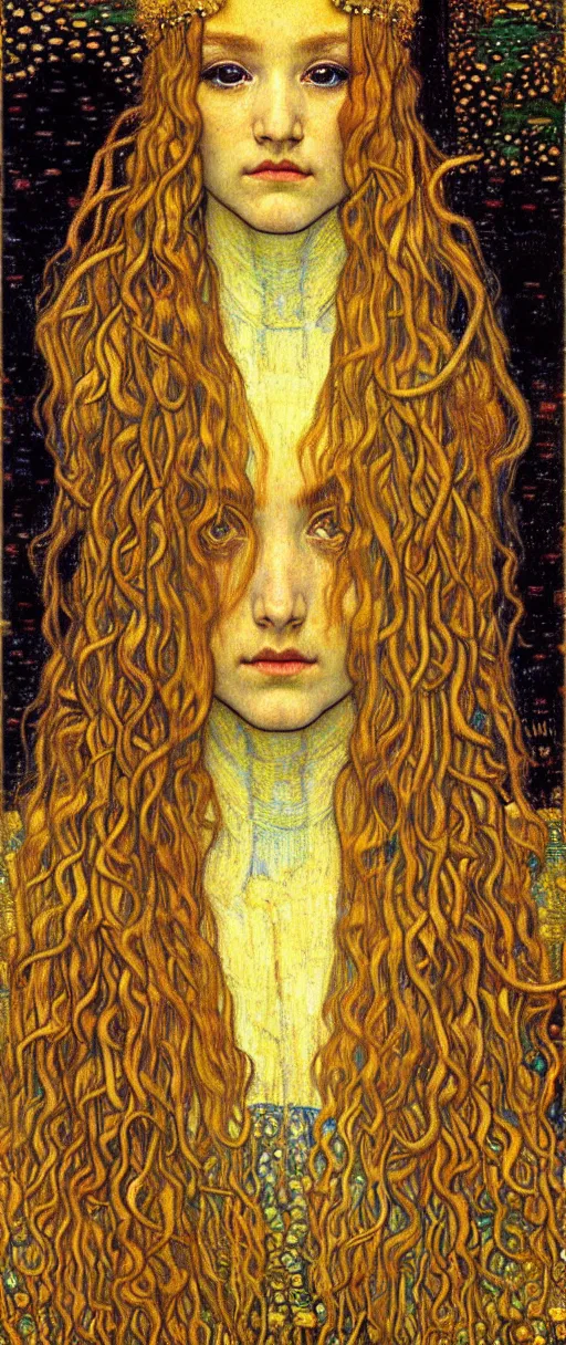 Image similar to detailed realistic beautiful young medieval queen face portrait by jean delville, gustav klimt and vincent van gogh, art nouveau, symbolist, visionary, gothic, pre - raphaelite, muted earthy colors, desaturated