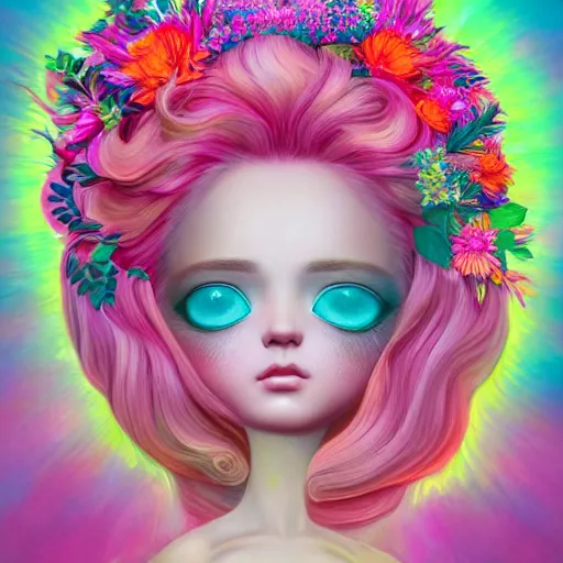 Image similar to a divine feminine goddess, pink hair, rosey cheeks, sparkles on eyelids, surrounded by lush flowers and feathers in bright abstract colours, manga ultra realistic digital painting, artstation, concept art, pop, smooth, sharp focus, illustration, art by mark ryden and lisa frank 3 d 8 k ultra detailed