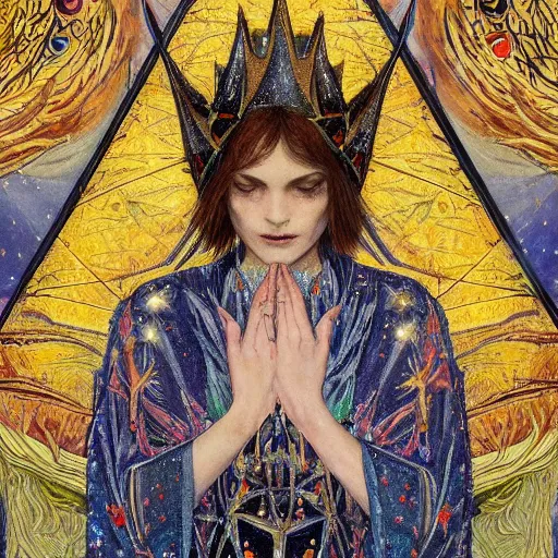 Prompt: the night crown, by Annie Swynnerton and Alayna Danner, embroidered robes, starry tattoos, elaborate costume, geometric ornament, symbolist, soft colors, dramatic lighting, smooth, sharp focus, extremely detailed