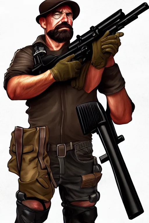 Prompt: sniper! middle age man, holding gun, full height, head neck body hand legs boots, high angle, centered, by artgerm, arcane colors, white background