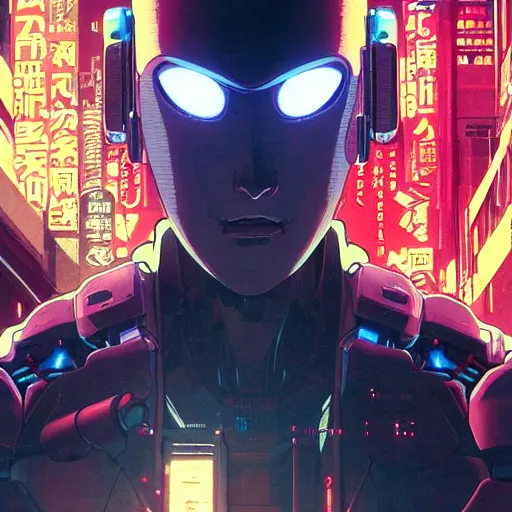 Image similar to a male japanese cyberpunk android, wide shot, finely detailed features, cyborg robot parts with glowing lights!, dramatic cinematic, night, at cyberpunk city, ghost in the shell, akira, noir, painted by greg rutkowski makoto shinkai takashi takeuchi craig mullins, alphonse mucha, studio ghibli, pixiv