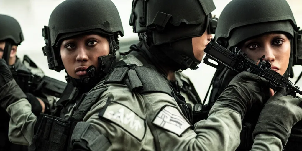 Image similar to vfx film, swat team squad crew, breach and clear, gang house, flat color profile low - key lighting award winning photography arri alexa cinematography, cinematic beautiful natural skin, famous face, atmospheric cool color - grade