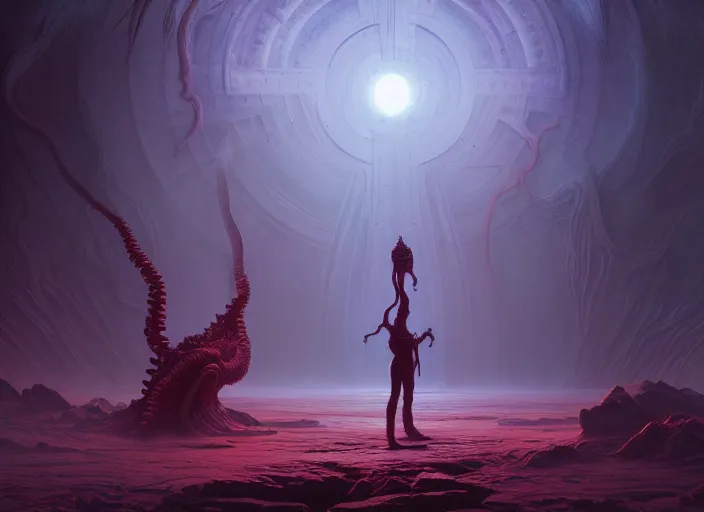 Image similar to stunning horror space, lovecraftian horror, cosmic horror!! cinematic lighting, muted colours, digital art, winning award masterpiece, fantastically beautiful, illustration, aesthetically inspired by wayne barlowe and gerald brom, trending on artstation, art by greg rutkowski, octane render, unreal engine, 8 k