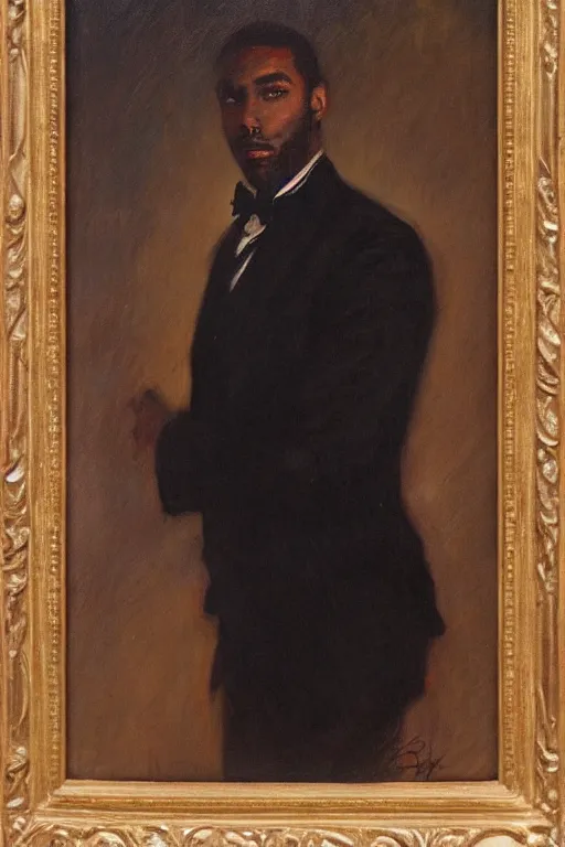 Image similar to portrait of a sophisticated black man in a pristine white dress shirt. his eyes are black pits of cosmic darkness. art by gaston bussiere.