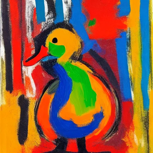 Prompt: a duck on the prowl oil painting john hoyland